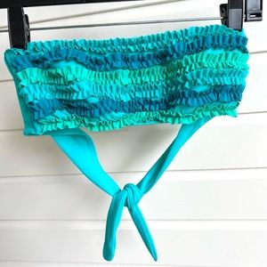 Victoria’s Secret bikini top aqua with ruffles, strapless, ties in back …
